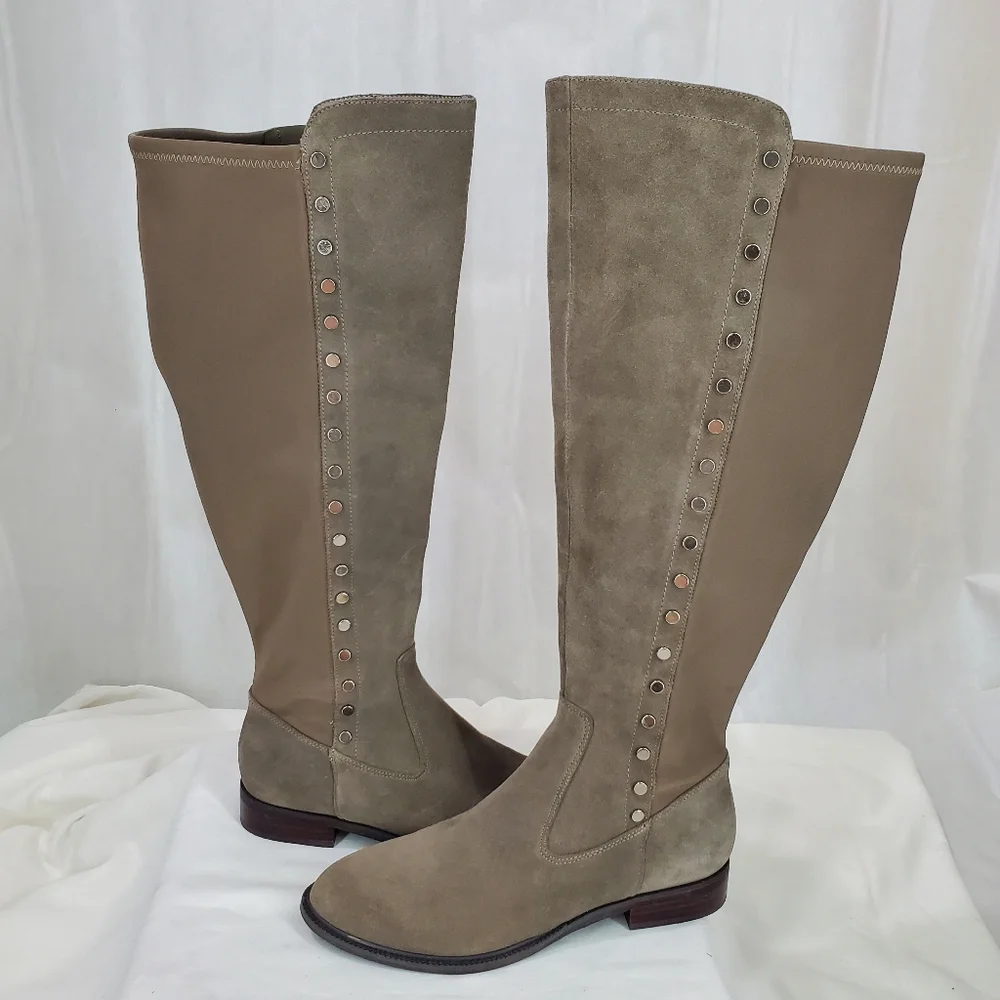 Marc Fisher Suede Leather Med Calf Tall Shaft Studded Taupe Gray Boots EUC 6.5